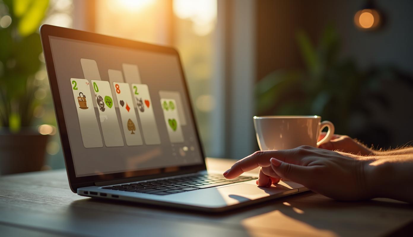 Morgenkaffe med solitaire på laptop